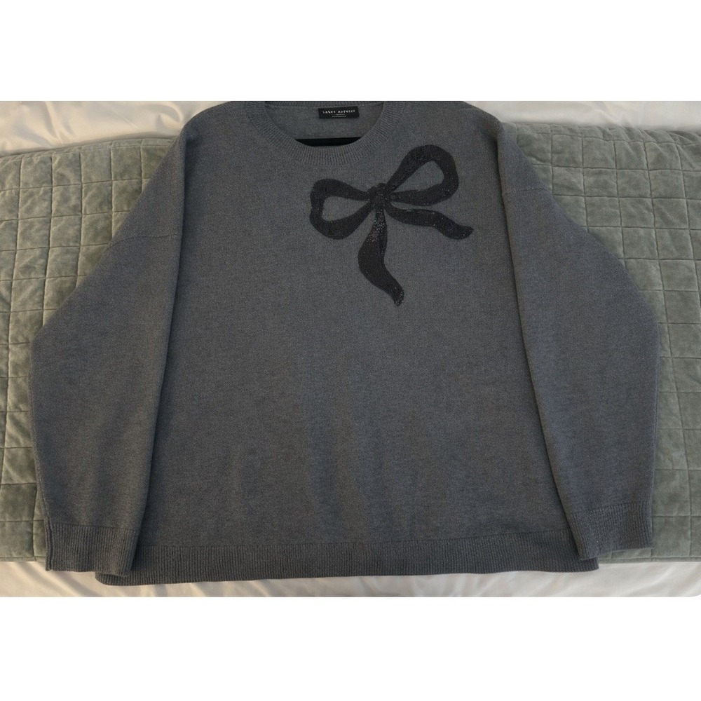 Women's 3X Plus Size Gray Bow Sweater Sequin Chic Preppy Coquette Soft Knit